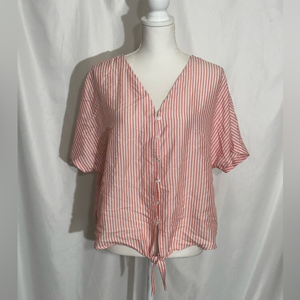 Velvet Hearts Button Down Top Pink and White Stripes and Tie Front Womens XL